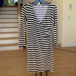 VGUC Jude Connally sz S navy/white long sleeve stripe ruched “wrap” dress *RARE*